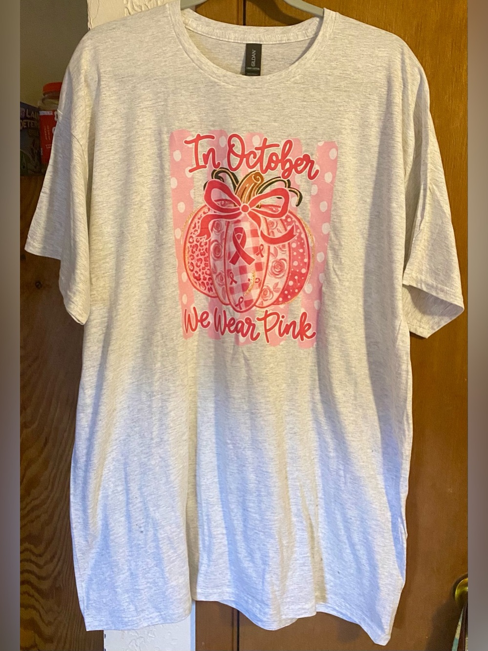 Gildan gray crewneck t-shirt pink pumpkin breast cancer awareness ribbon